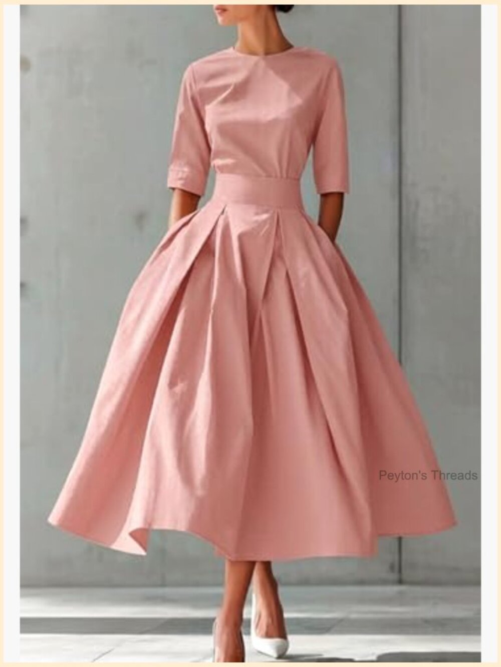 Pleated Cocktail Dress 1950s 3/4 Sleeve Round Neck A-Line Swing Maxi Dress - Picture 2 of 6